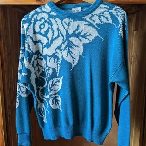 White Roses on Aqua Vintage Sweater